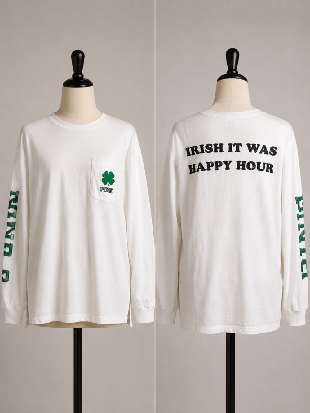 VICTORIA'S‎ SECRET PINK "IRISH IT WAS HAPPY HOUR" SEQUIN LONG SLEEVE TEE SMALL